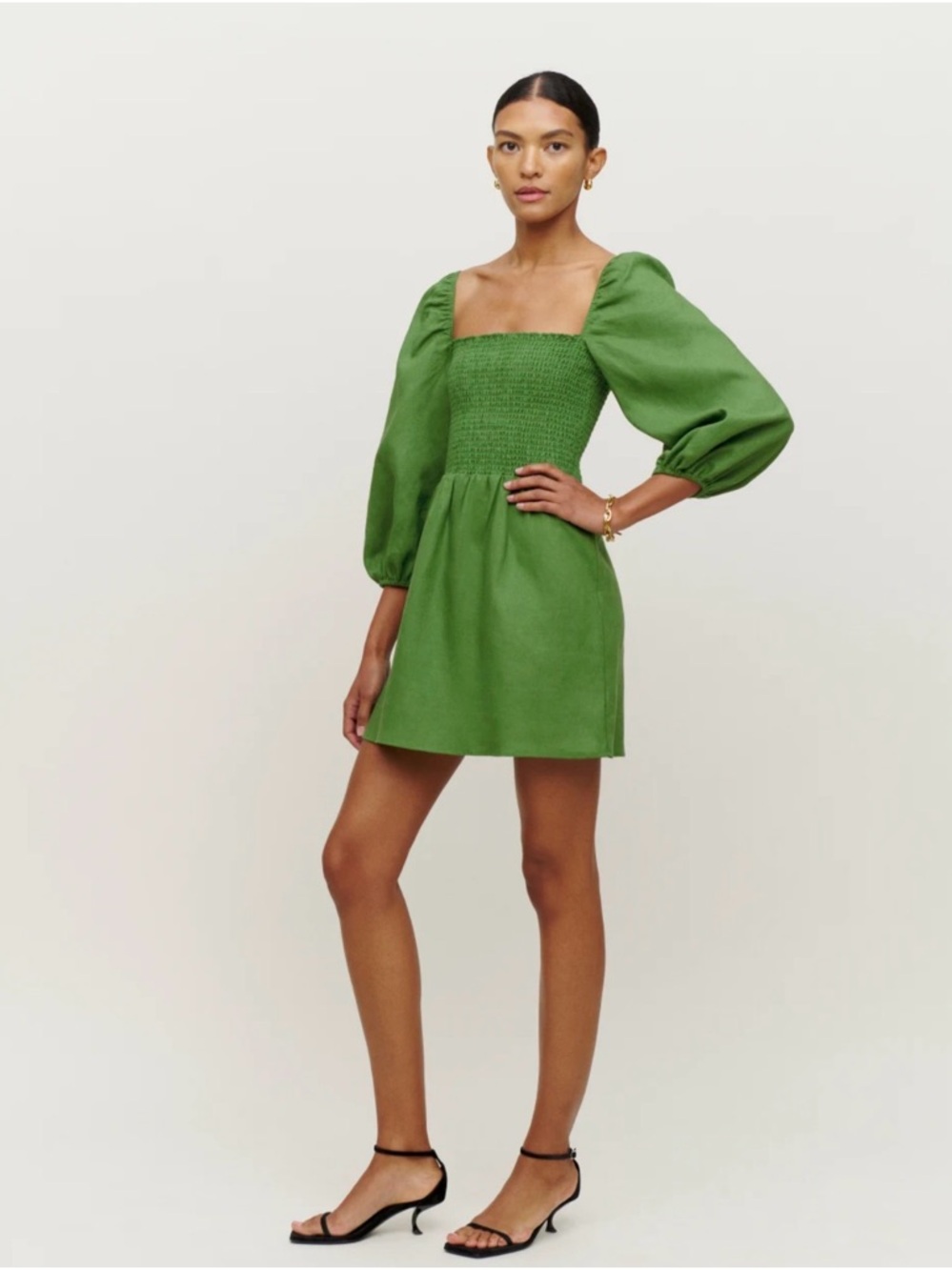 Reformation Greyson Green Smocked Square-Neck Linen Mini Dress with Puff Sleeves